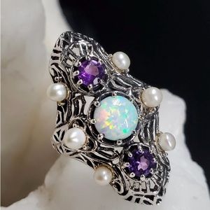 “Bare Soul” Designer 925 SS Opal, Amethyst & Pearl Ring, Size 7